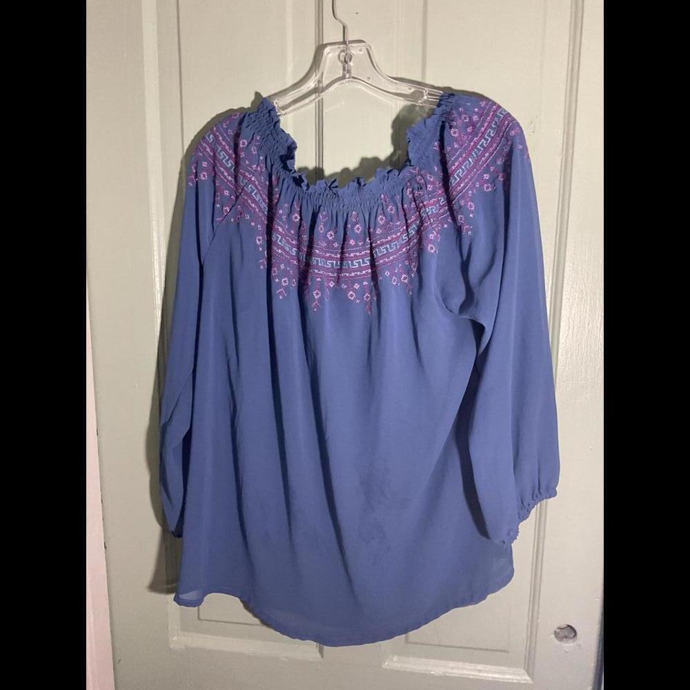 Boutique Sheer Blue  Boho Blouse with Purple Embroidery and Tassels Size XL - Picture 7 of 9